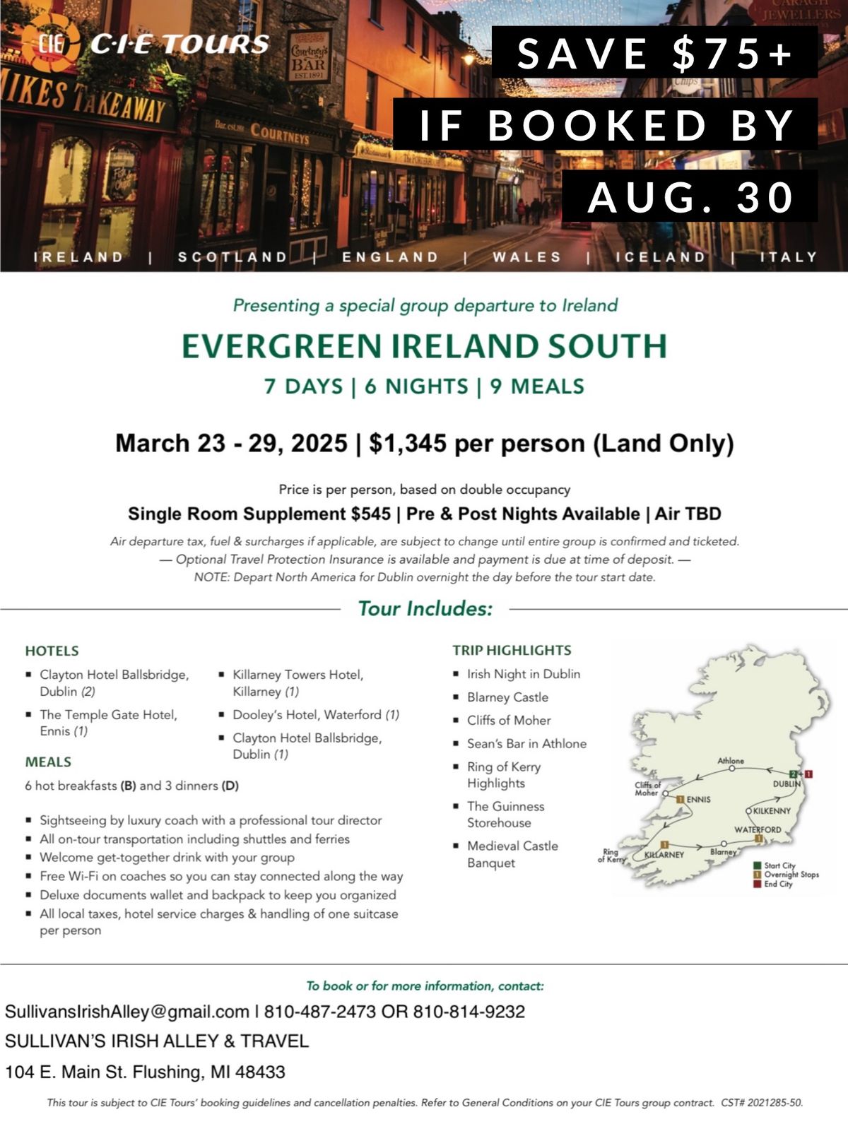 IRELAND March 23-29, 2025 7 Days\/6 Night\u2019s\/9 Meals Save with early sign up!