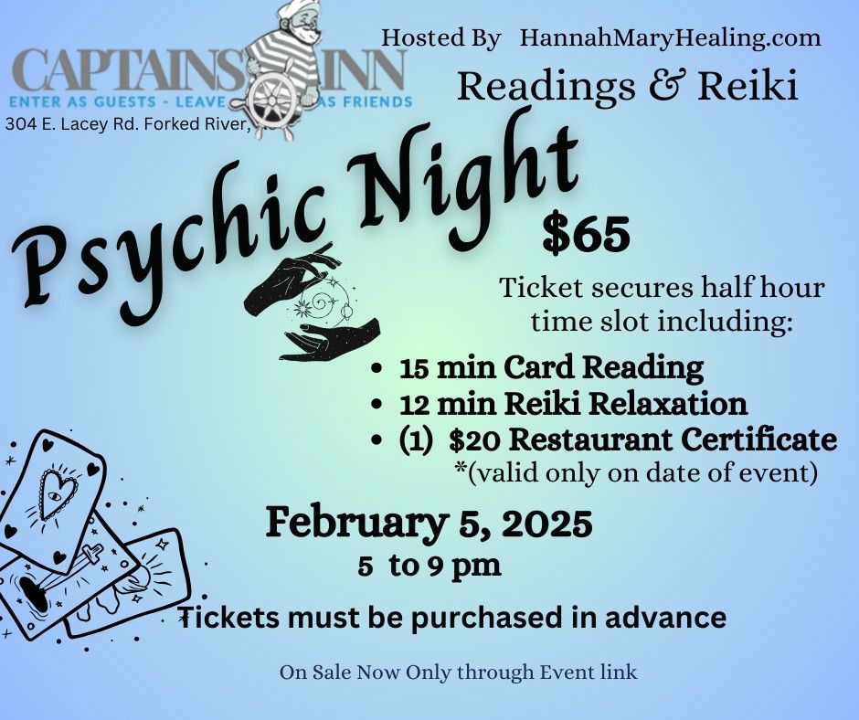 Psychic Night at The Captain's Inn -Tickets must be purchased in advance. A Readings and Reiki Event