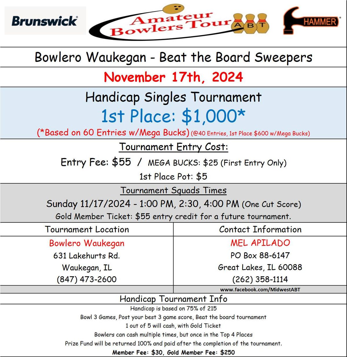 Bowlero Waukegan, $1K, Nov 17 (Sun)