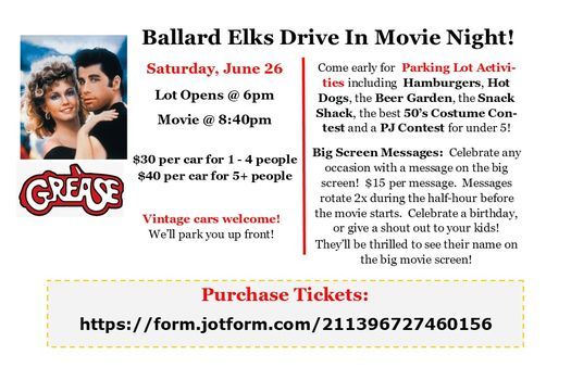 Grease!  Drive-In Movie Night June 26