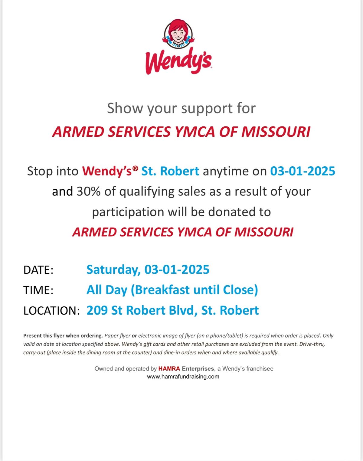 Wendy\u2019s Fundraiser Eat out Earn Funds! 