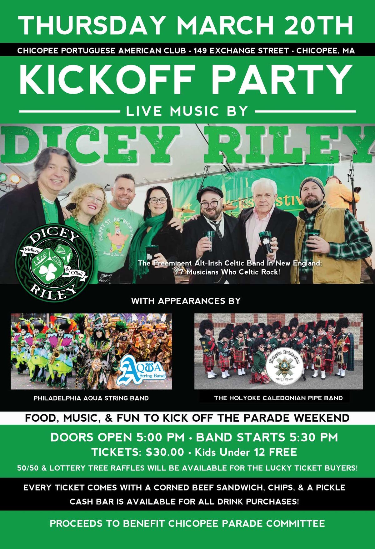 2025 Parade weekend Kick Off Party with Dicey Riley! The Aqua String Band & Holyoke Caledonians