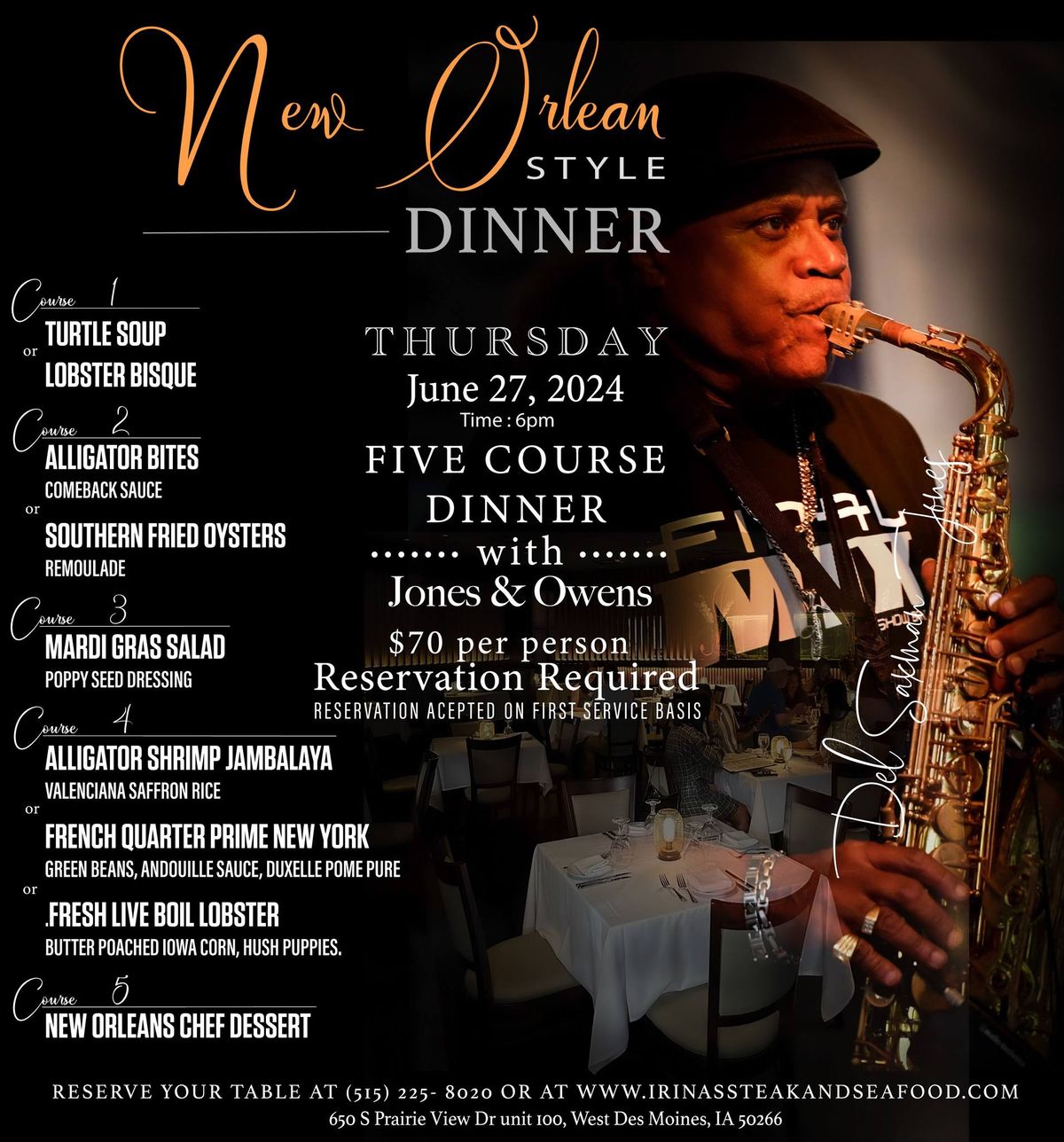 Exquisite Five-Course New Orleans-style Dinner and Smooth Jazz Vocals!