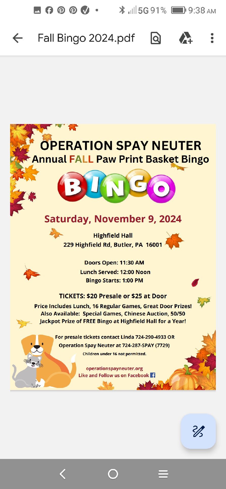 OSN Fall Paw Print Bingo