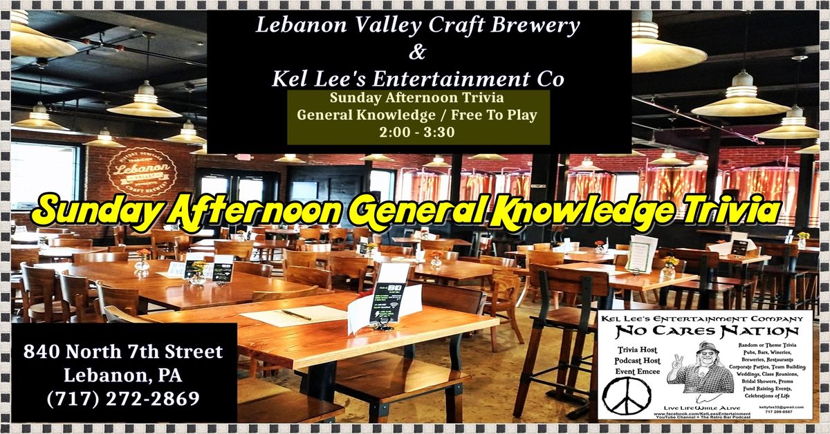 Kel Lee's Entertainment Sunday Afternoon Trivia at Lebanon Valley Craft Brewery