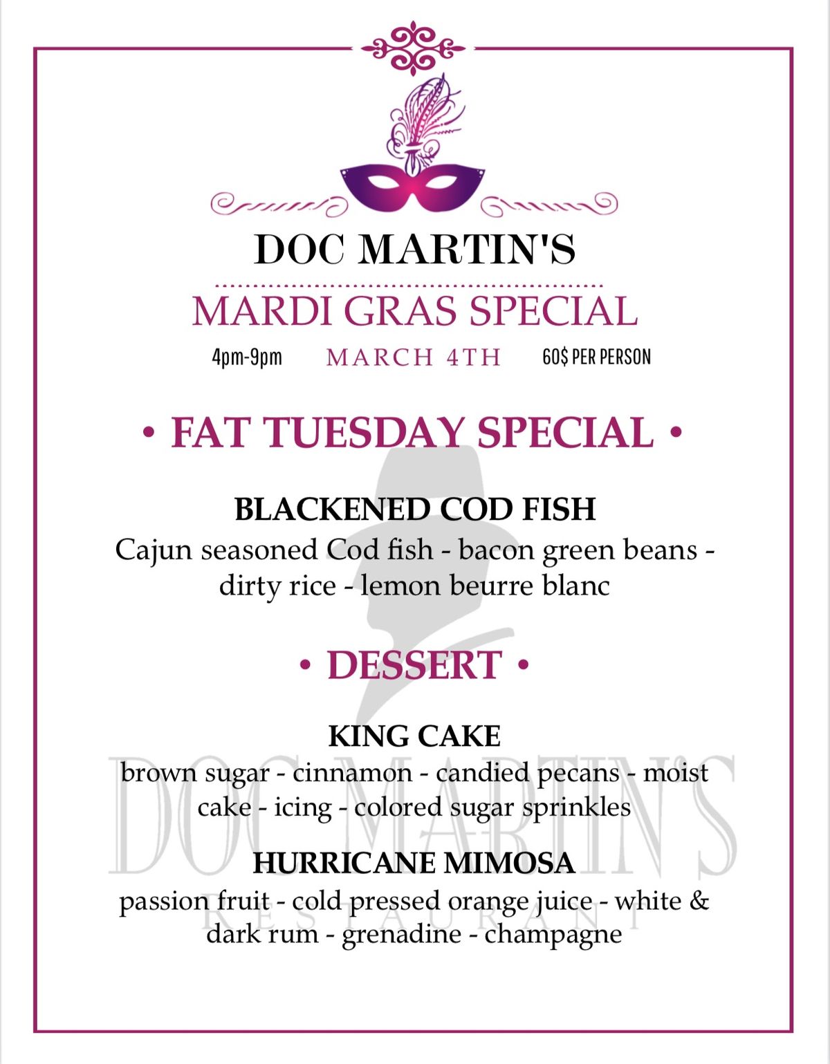 Doc Martin's Mardi Gras Special Dinner