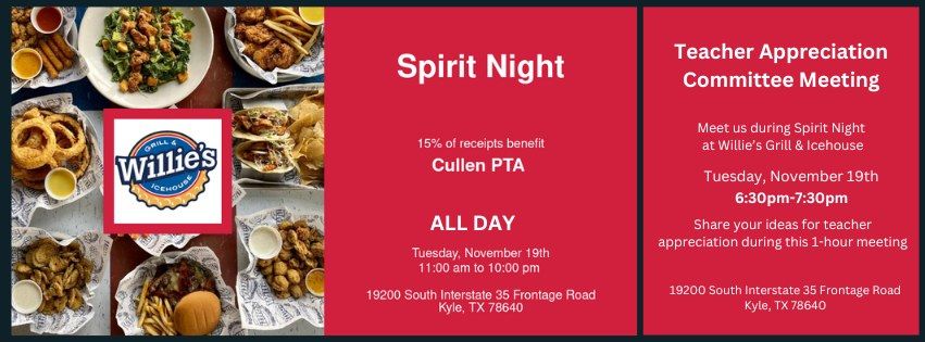 Cullen PTA Spirit Night @ Willie's Grill & Icehouse-Kyle