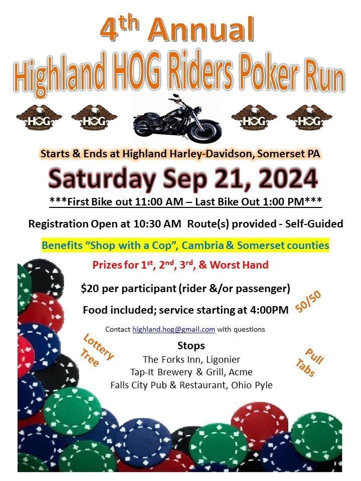 4th Annual Highland HOG Riders Poker Run - Benefit "Shop With a Cop", Cambria & Somerset Counties