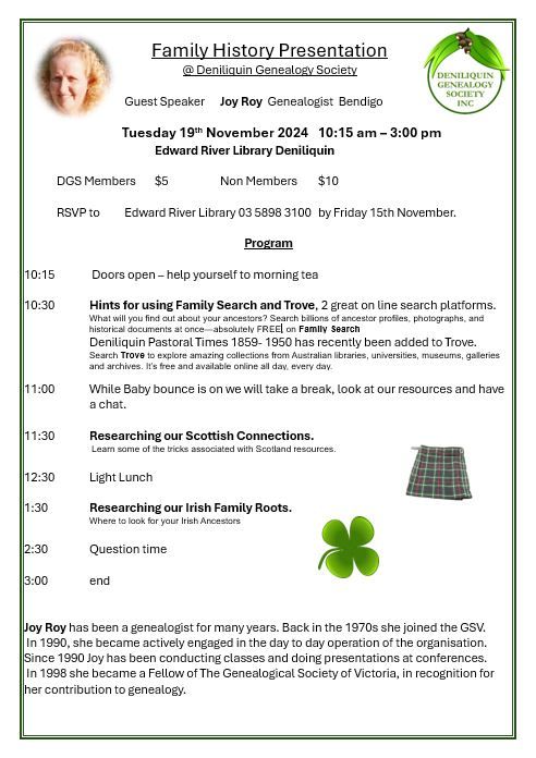 Deniliquin Genealogy Guest Speaker Joy Roy: Scottish and Irish Research