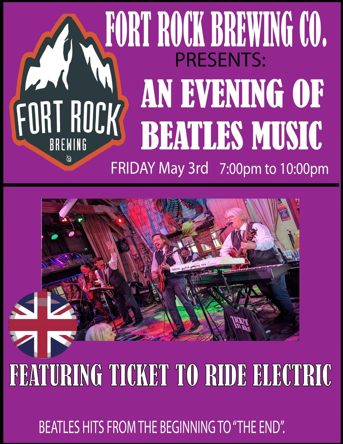 Beatles & Brew!!! Ticket To Ride Electric at Fort Rock Brewing, Friday May 3rd, 7 to 10 PM!!!