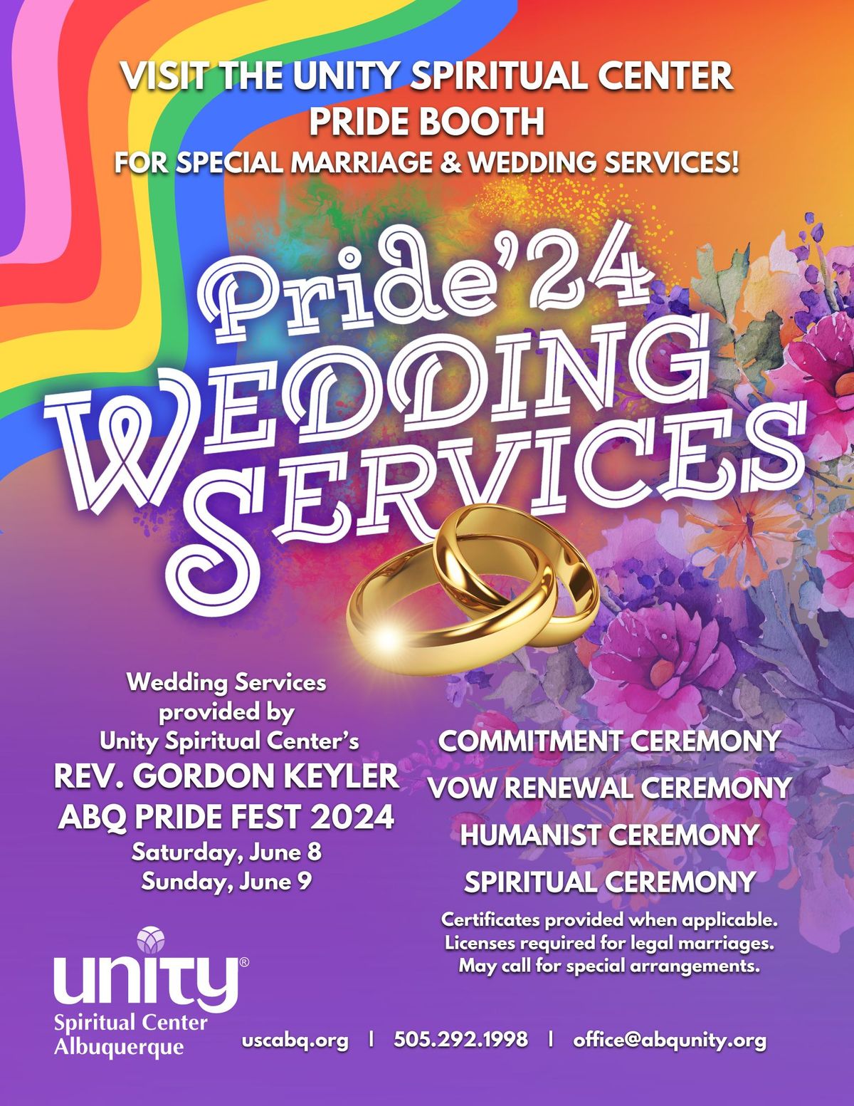 Unity Spiritual Center will be offering Wedding Services at Pride this year!