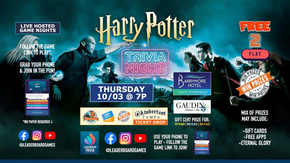 HARRY POTTER Trivia Night | Barrymore Hotel - Tampa FL - THUR 7p 10\/03 | Oktoberfest Tampa Ticket Dr