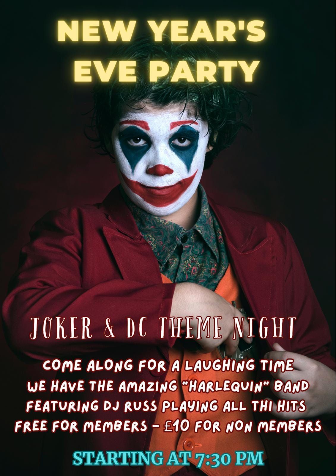 New Years Eve Party, Joker & DC Theme. Band Harlequin & DJ