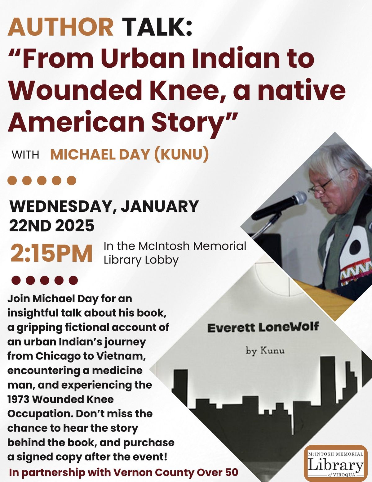 Author Talk: \u201cFrom Urban Indian to Wounded Knee, A Native American Story\u201d with Michael Day (Kunu)