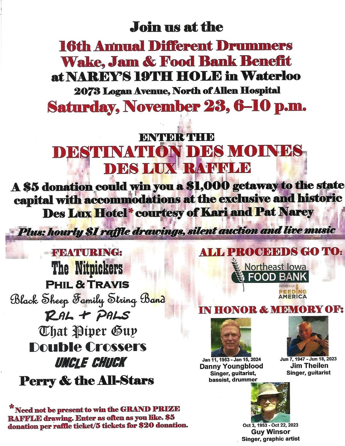 Different Drummers Wake, Jam & Food Bank Benefit