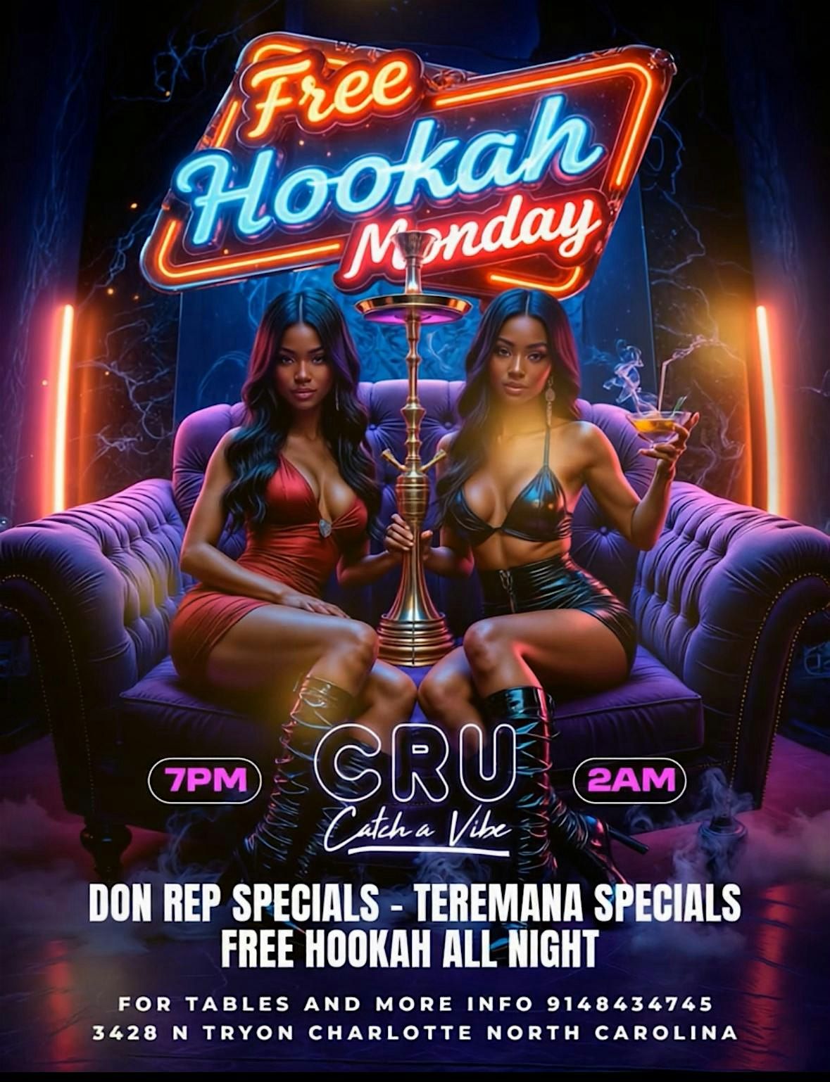 Free hookah Monday @ cru ! $150  teremana $175 don rep