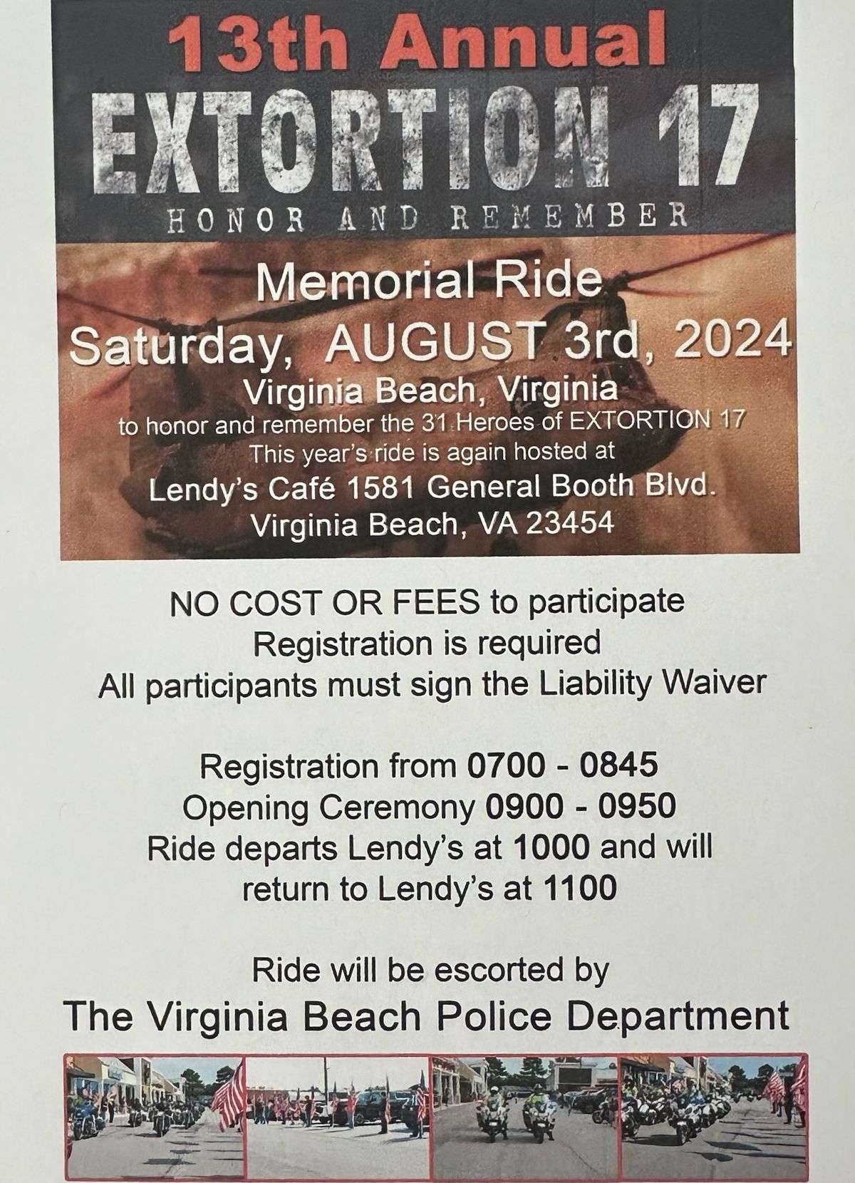 13th Annual EXTORTION 17 Memorial Ride