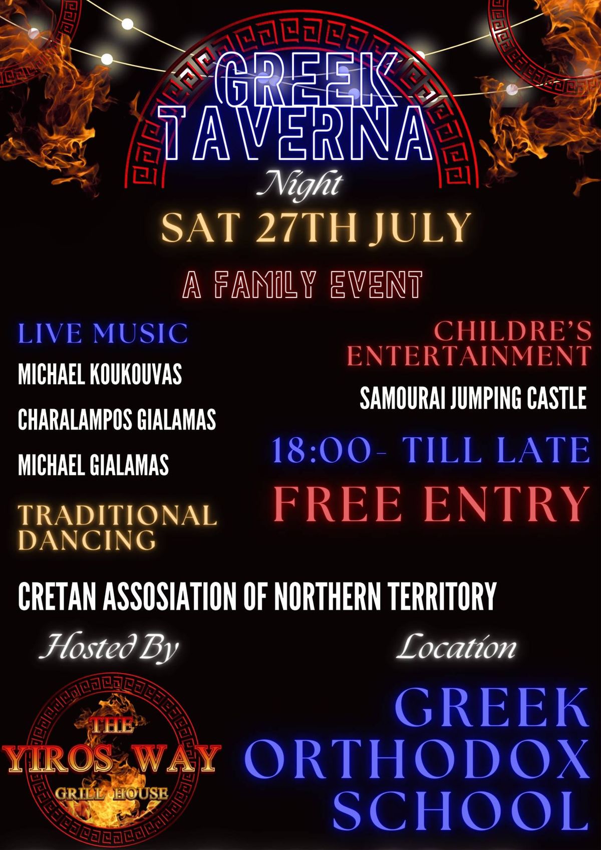 GREEK TAVERNA NIGHT!! A FAMILY EVENT BROUGH TO YOU BY THE YIROS WAY!! 