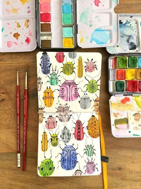 Watercolor Beetle & Bug Doodles