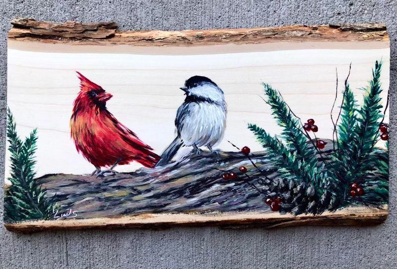 Winter Cardinal on Live Edge Wood