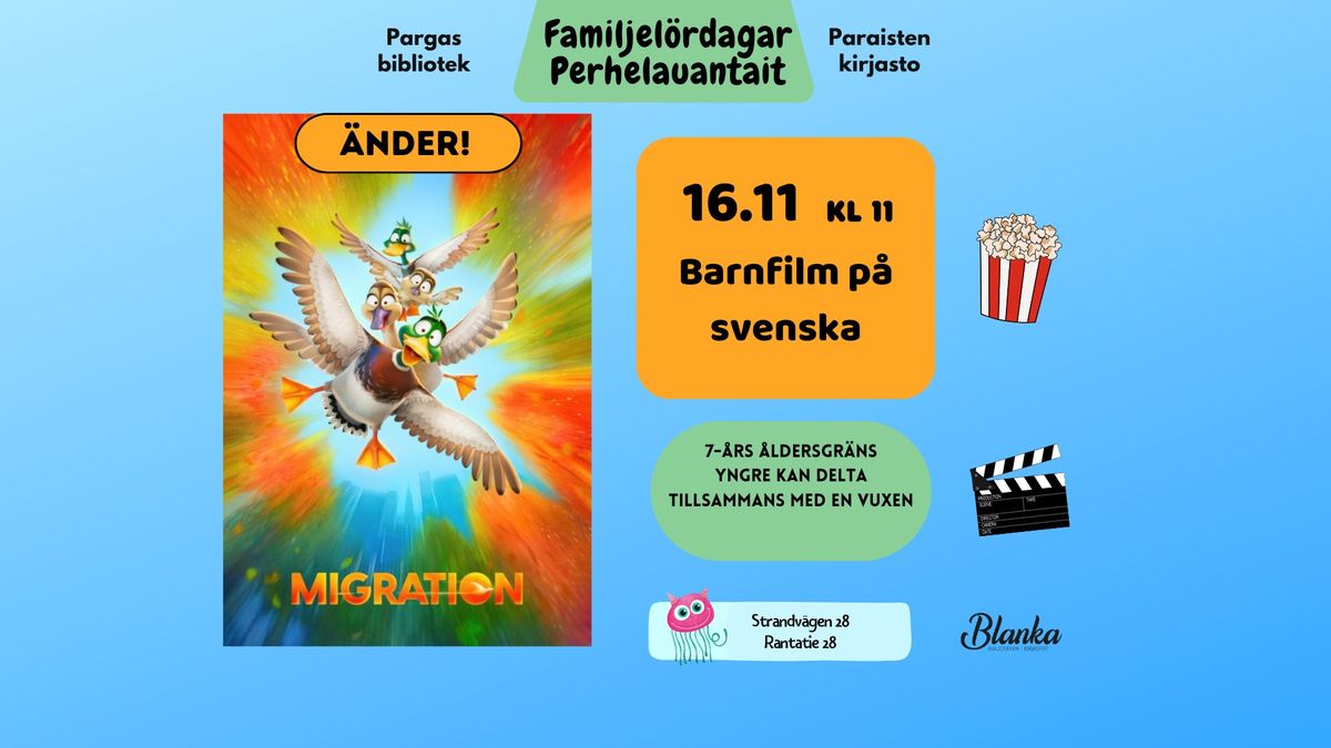 Familjel\u00f6rdag 16.11 kl.11 \u00c4NDER! Barnfilm p\u00e5 svenska i Pargas bibliotek