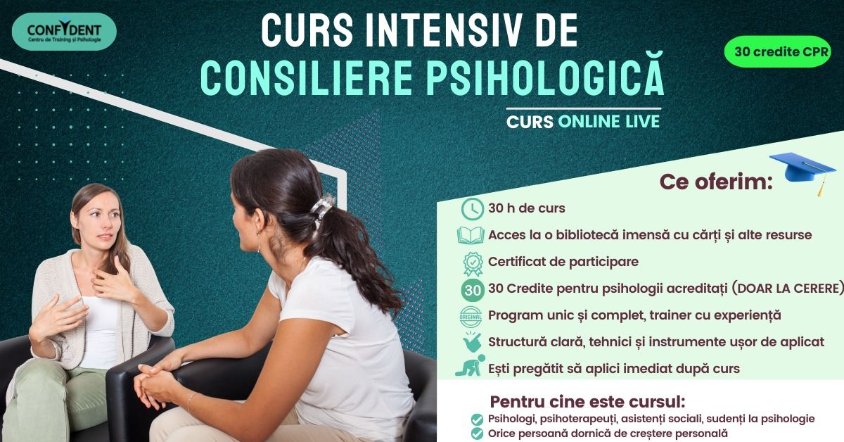 Curs VIDEO INTENSIV DE CONSILIERE PSIHOLOGIC\u0102 \u2013 cu 30 credite CPR, cu  acces online, format ASINCRON