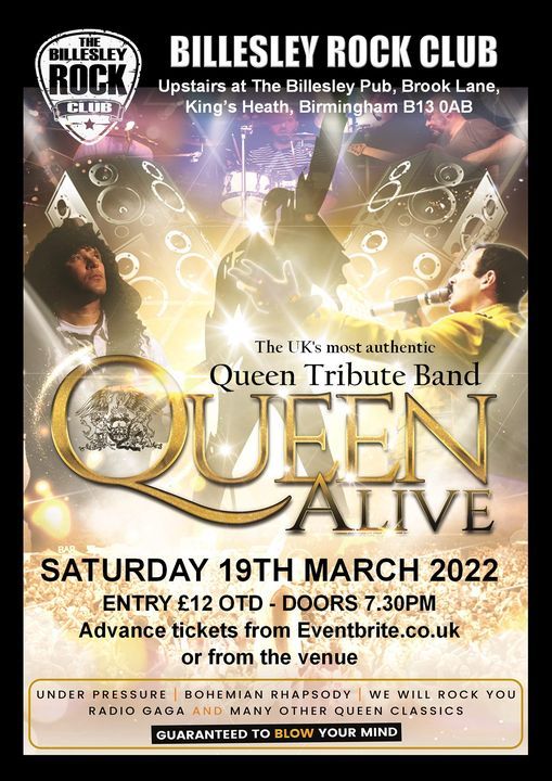 Queen Alive at Billesley Rock Club - \u00a312 on the door