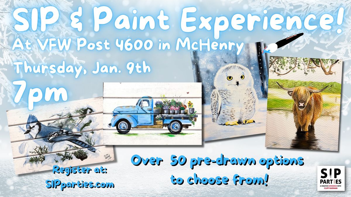 Pre-Drawn SIP & Paint Experience at VFW Post 4600 in McHenry! Thursday, Jan. 9th  7PM