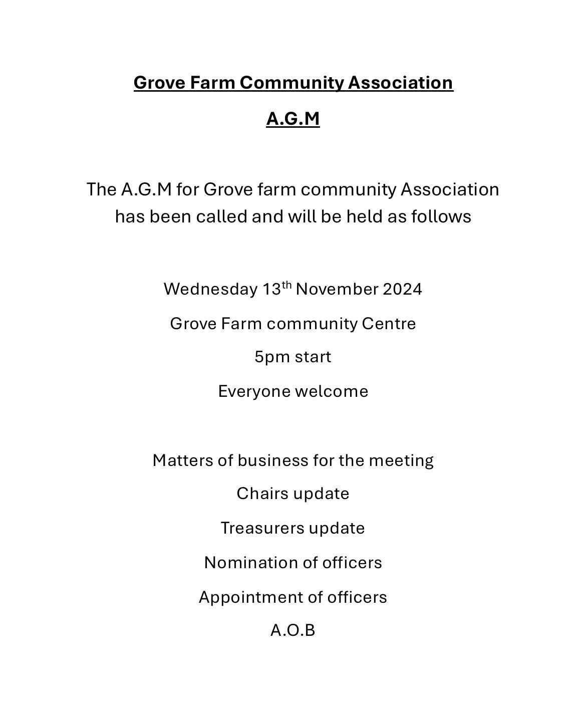 Grove Farm Community Centre AGM Meeting