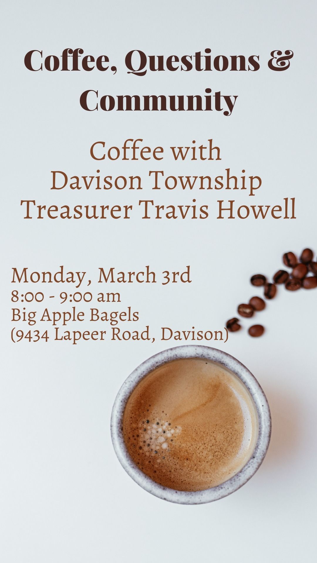 Coffee, Questions & Community with Davison Township Treasurer Travis Howell