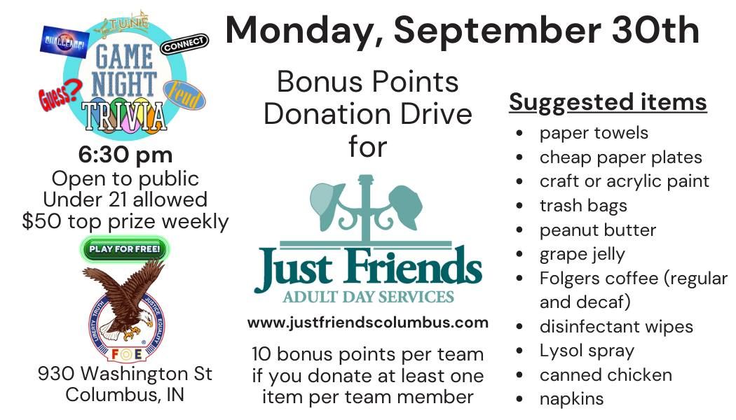 Just Friends bonus points donation drive - Game Night Trivia