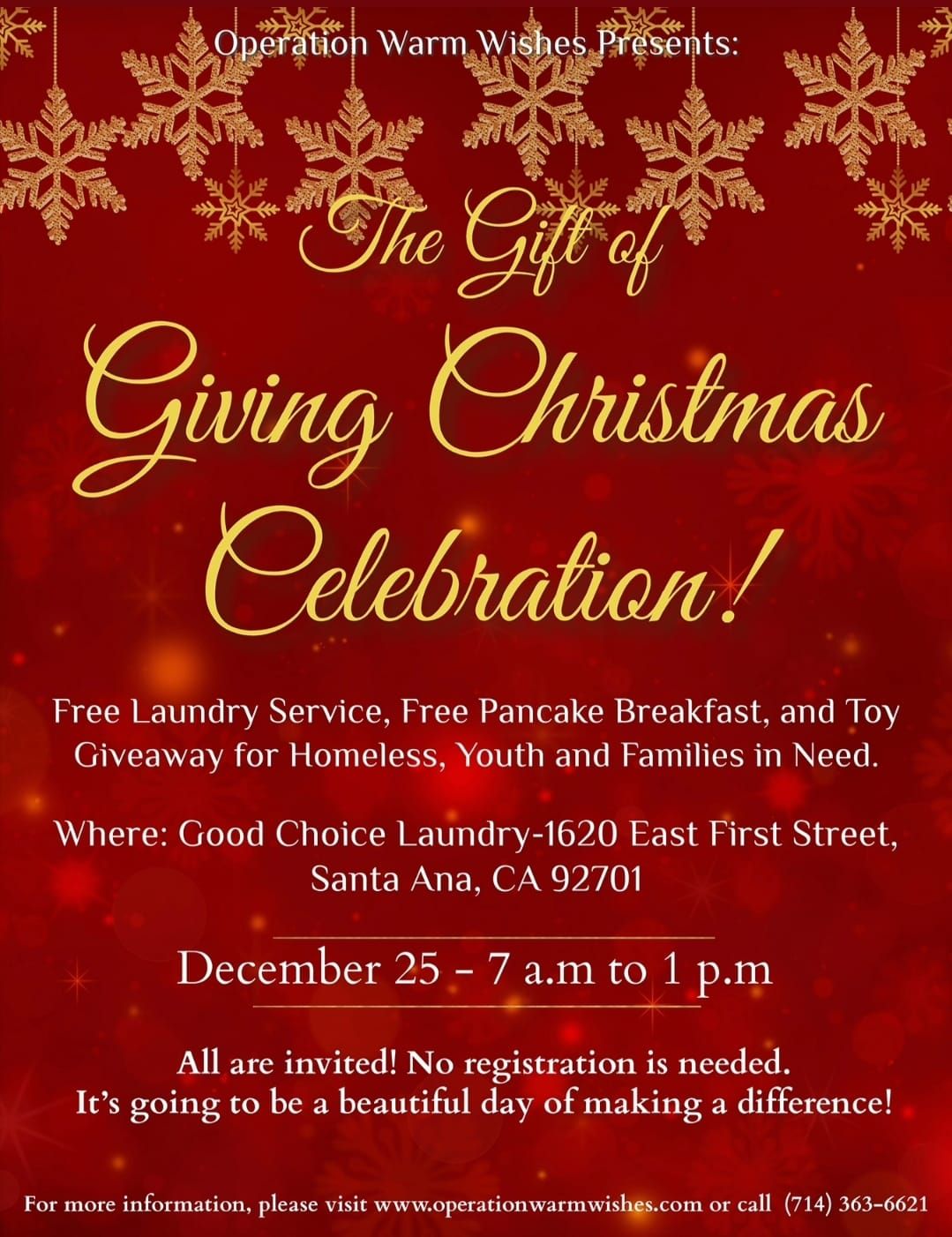 The Gift Of Giving Christmas Celebration - Free Laundry Day, Pancake Breakfast and Toy Giveaway