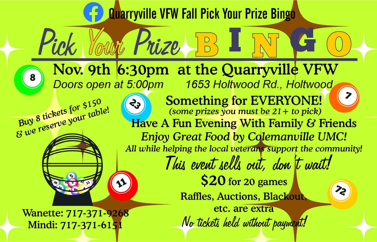 Quarryville VFW Fall Pick Your Prize Bingo