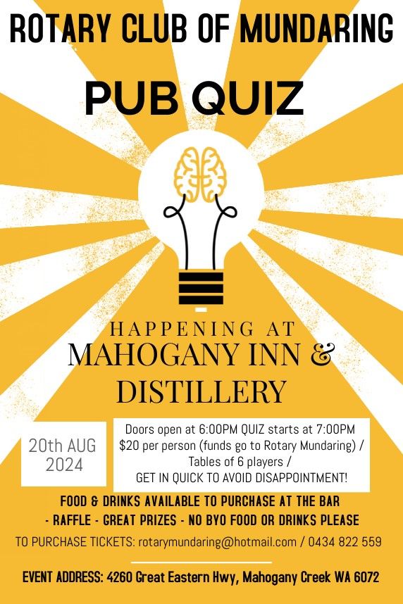 Rotary Club of Mundaring Pub QUIZ @ Mahogany Inn & Distillery