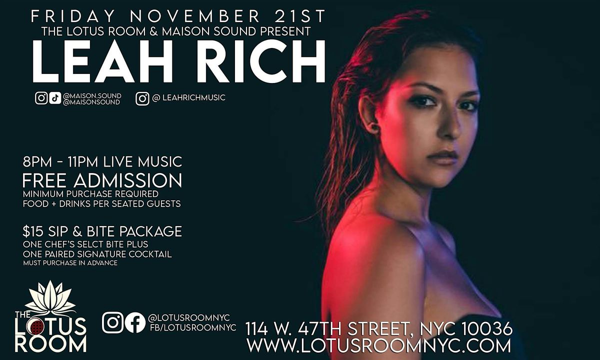 LEAH RICH: Live Jazz Show in NYC at The Lotus Room   RSVP Free Entry 11\/21