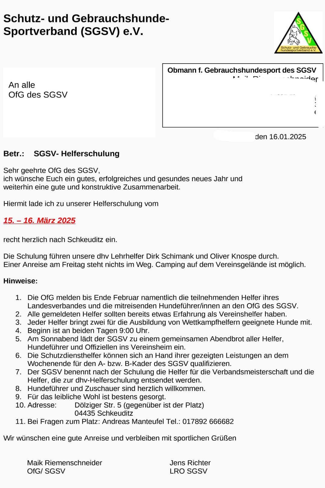 SGSV Helferschulung