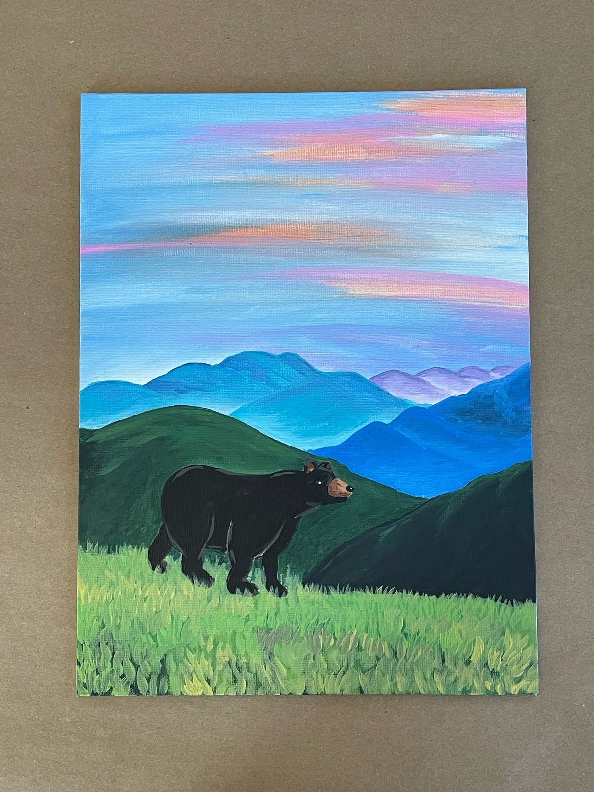 Sip+Paint acrylic landscape with bear, at Peaceful Side Social in Townsend