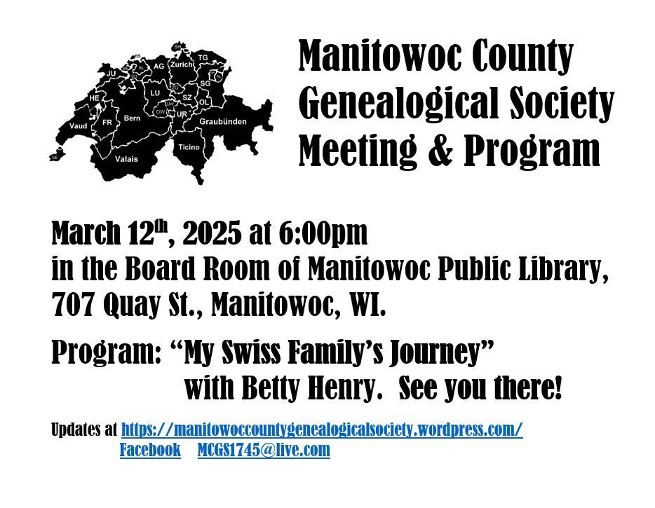 Manitowoc County Genealogical Society Meeting & Program