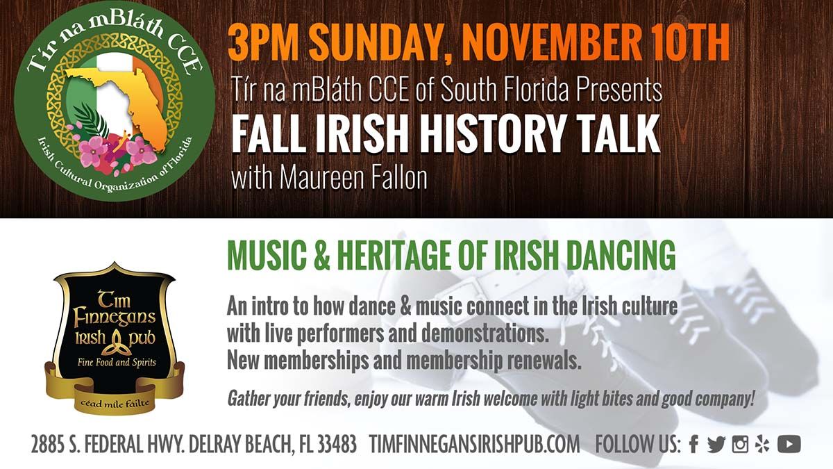 T\u00edr na mBl\u00e1th Fall Irish History Talk at Tim Finnegans