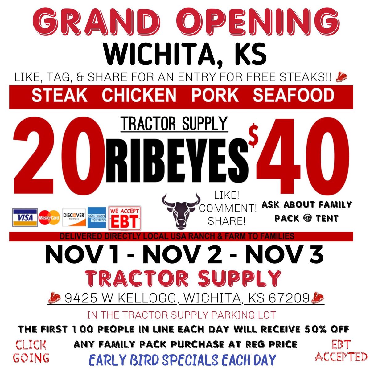 GRAND OPENING: 20 RIBEYES $40 \/ HUGE TRUCKLOAD MEAT SALE IN WICHITA, KS @ TRACTOR SUPPLY