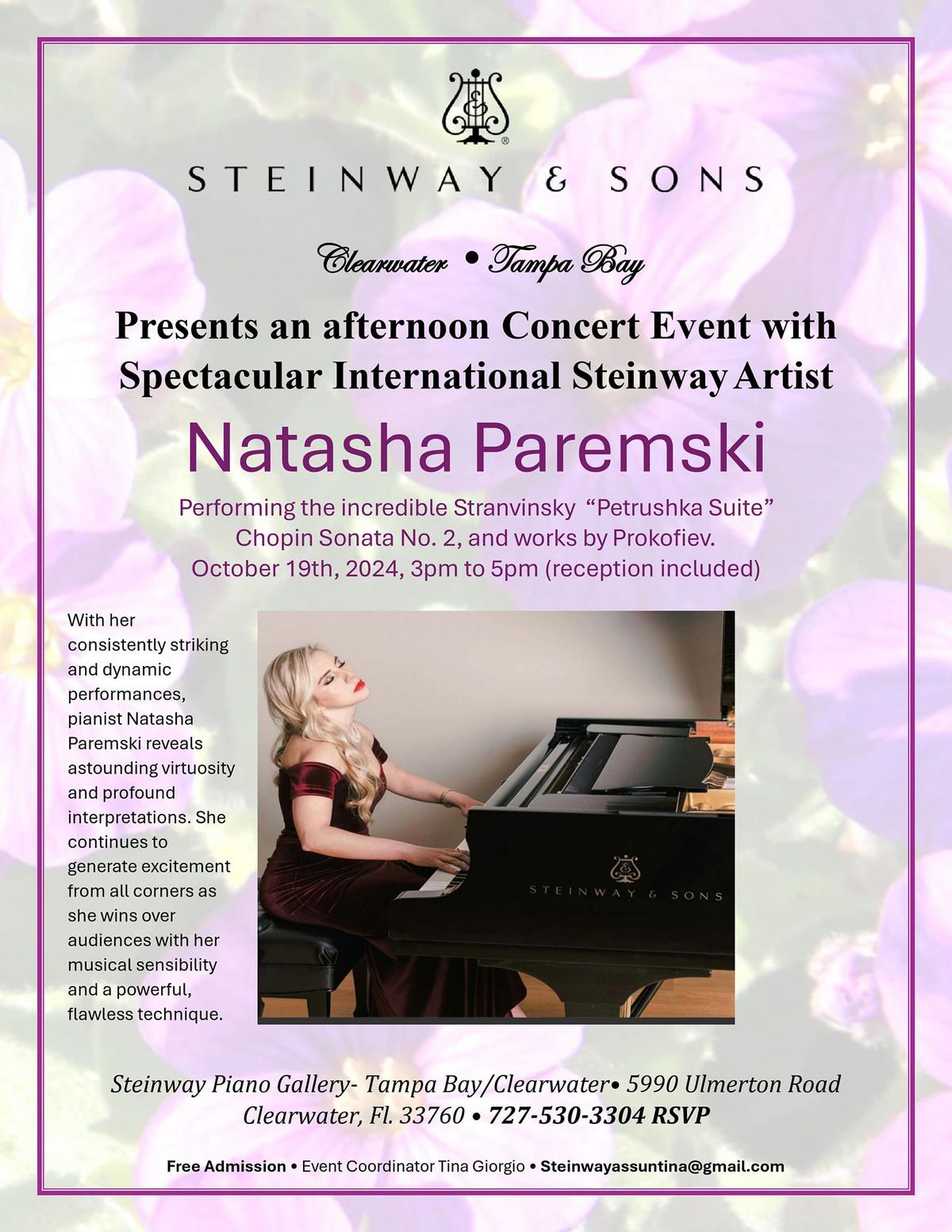 A Unique Solo Afternoon Concert with Spectacular Worldwide Steinway Artist Natasha Paremski. 