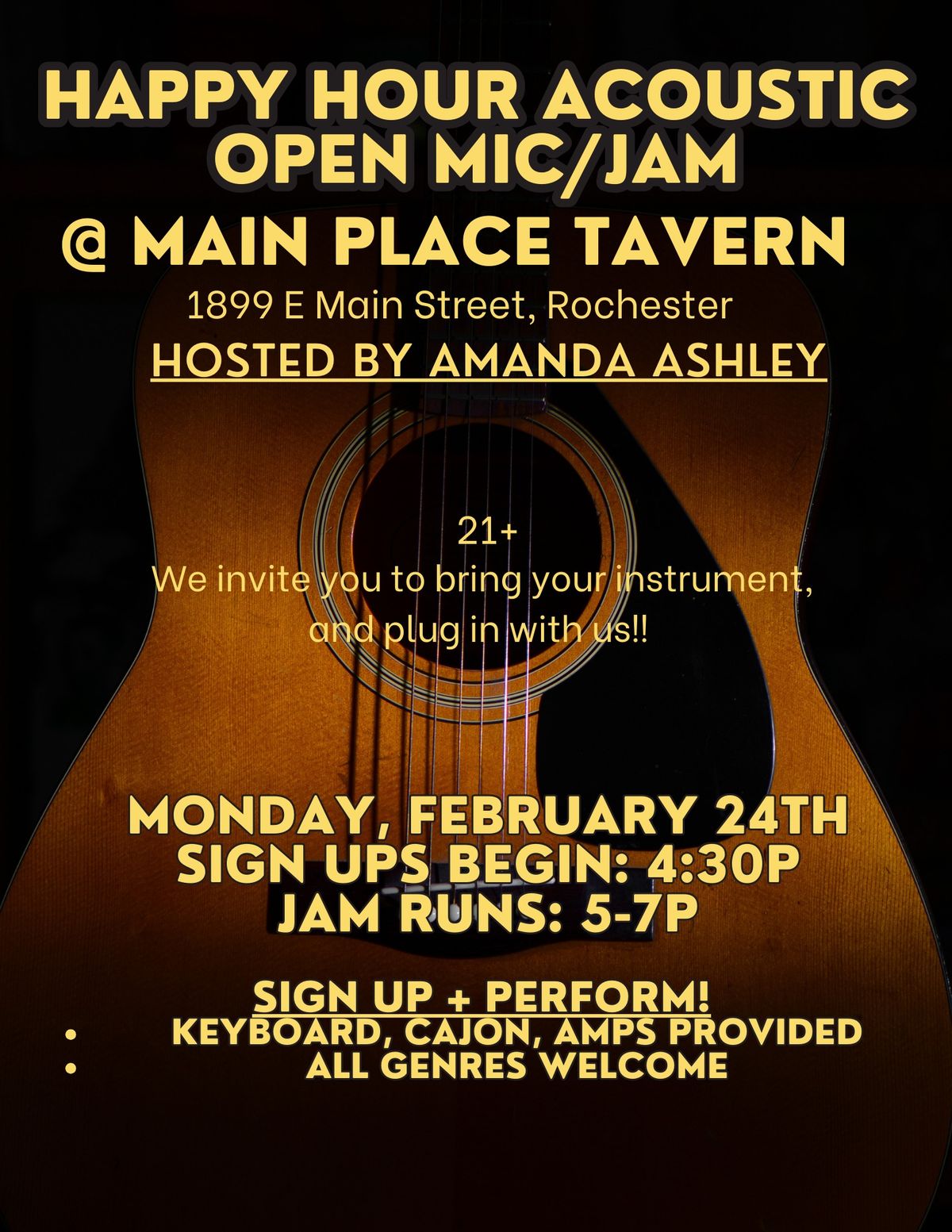 Acoustic Happy Hour Open Mic\/Jam @ Main Place Tavern w\/host, Amanda Ashley