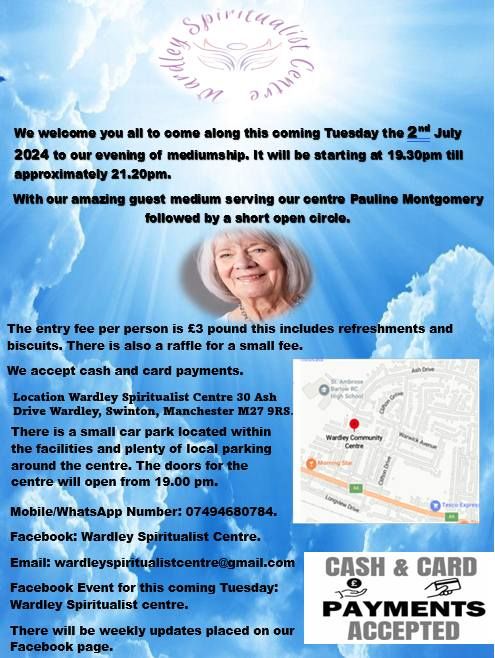 Spiritual Evening on Tuesday with guest medium Pauline Montgomery open circle