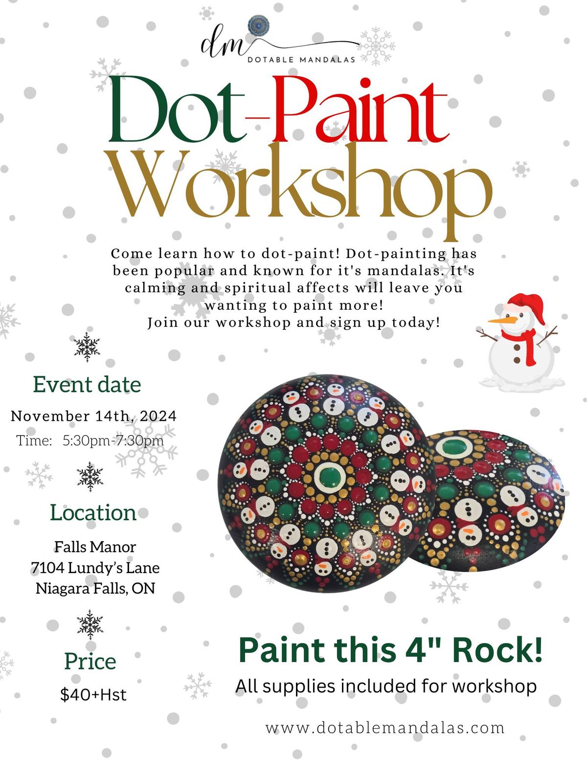 Niagara-4" Handcrafted Snowman\/Holiday theme rock dot-painting workshop