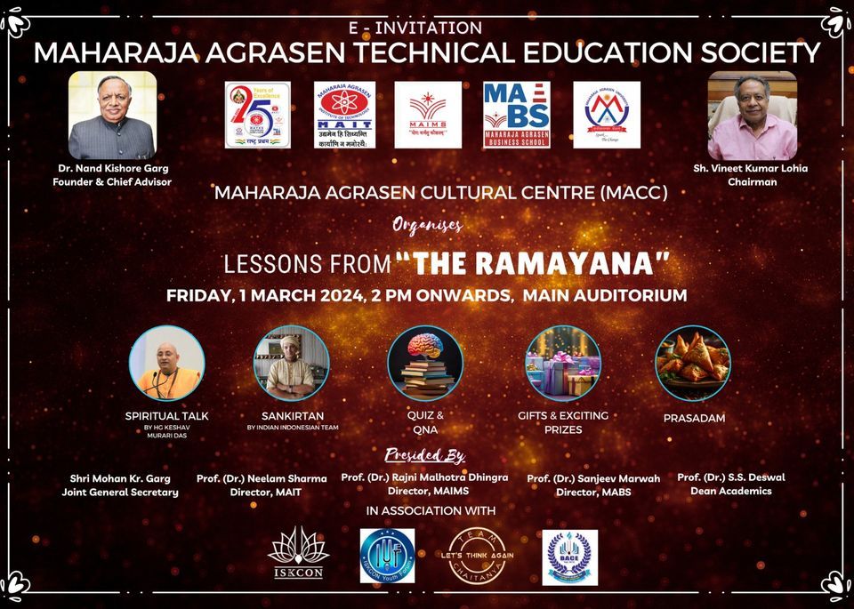 MAHARAJA AGRASEN CULTURAL CENTRE (MACC) Organises LESSONS FROM "THE RAMAYANA