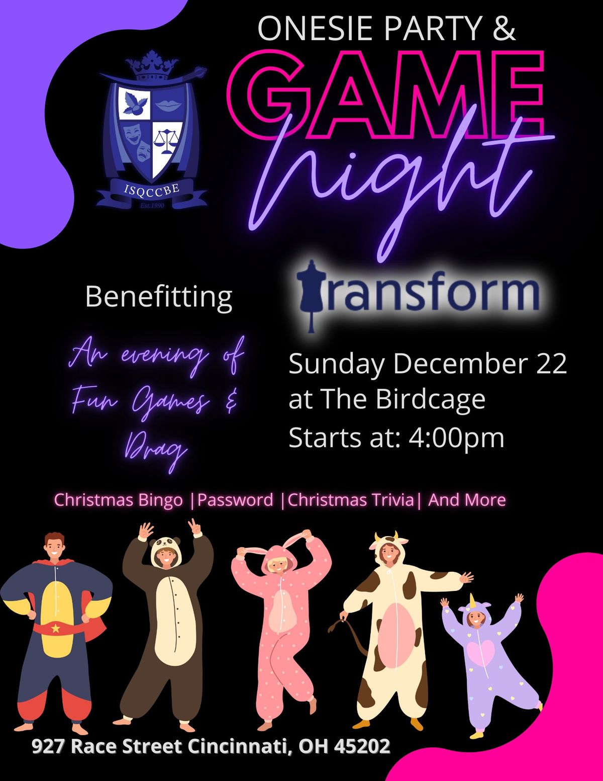 Onesie Party & Game Night - benefitting Transform