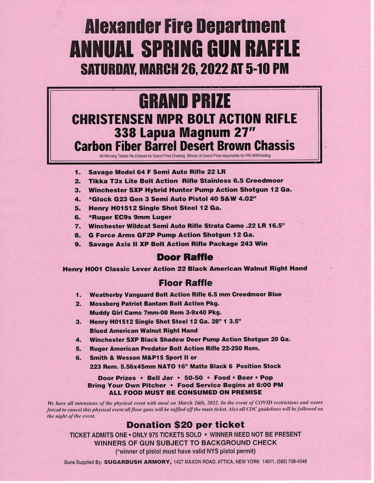 Alexander Fire Department Spring Gun raffle in person