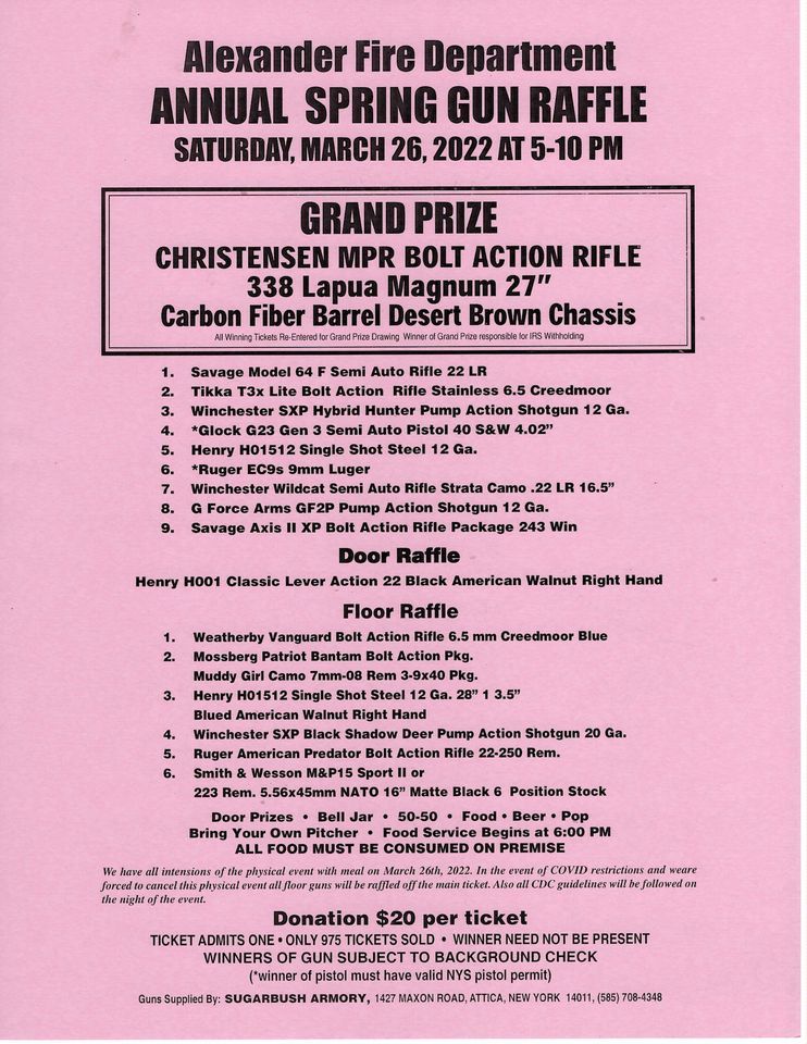 Alexander Fire Department Spring Gun raffle in person, Alexander ...