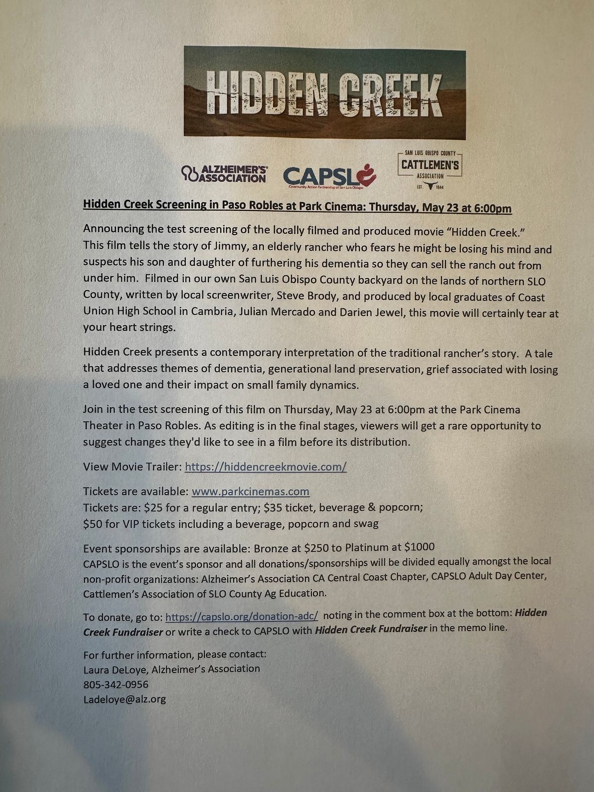 Hidden Creek Movie Fundraiser
