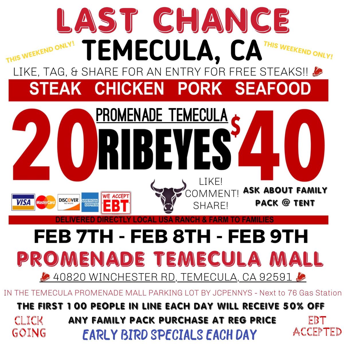 LAST CHANCE: 20 RIBEYES $40 \/ HUGE TRUCKLOAD MEAT SALE IN TEMECULA, CA @ PROMENADE TEMECULA